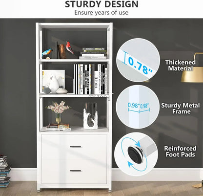 Bookcase 4-Tier White Bookshelf with 2 Drawers Etagere Standard Book Shelves Display Shelf for Home Office