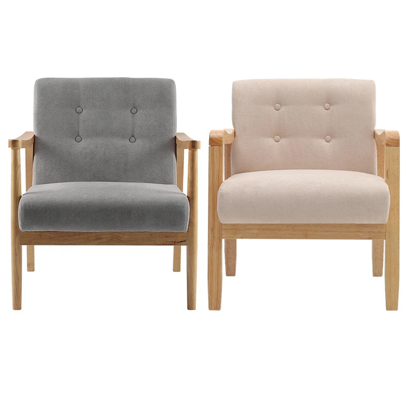 Accent Linen Fabric Buttoned Armchair Wooden Frame