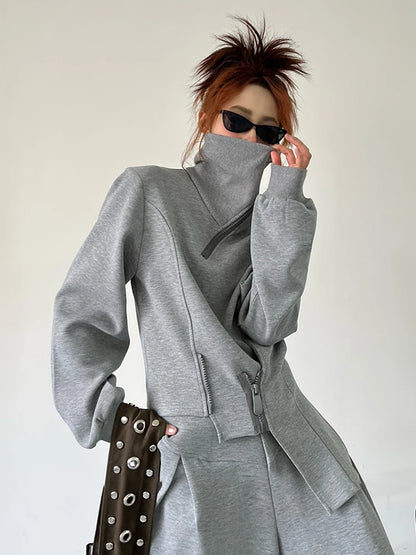 EAM Gray Irregular Zipper Spliced Sweatshirt New Stand Collar Long Sleeve Waist Women Fashion Tide Spring Autumn 2025 30A3036