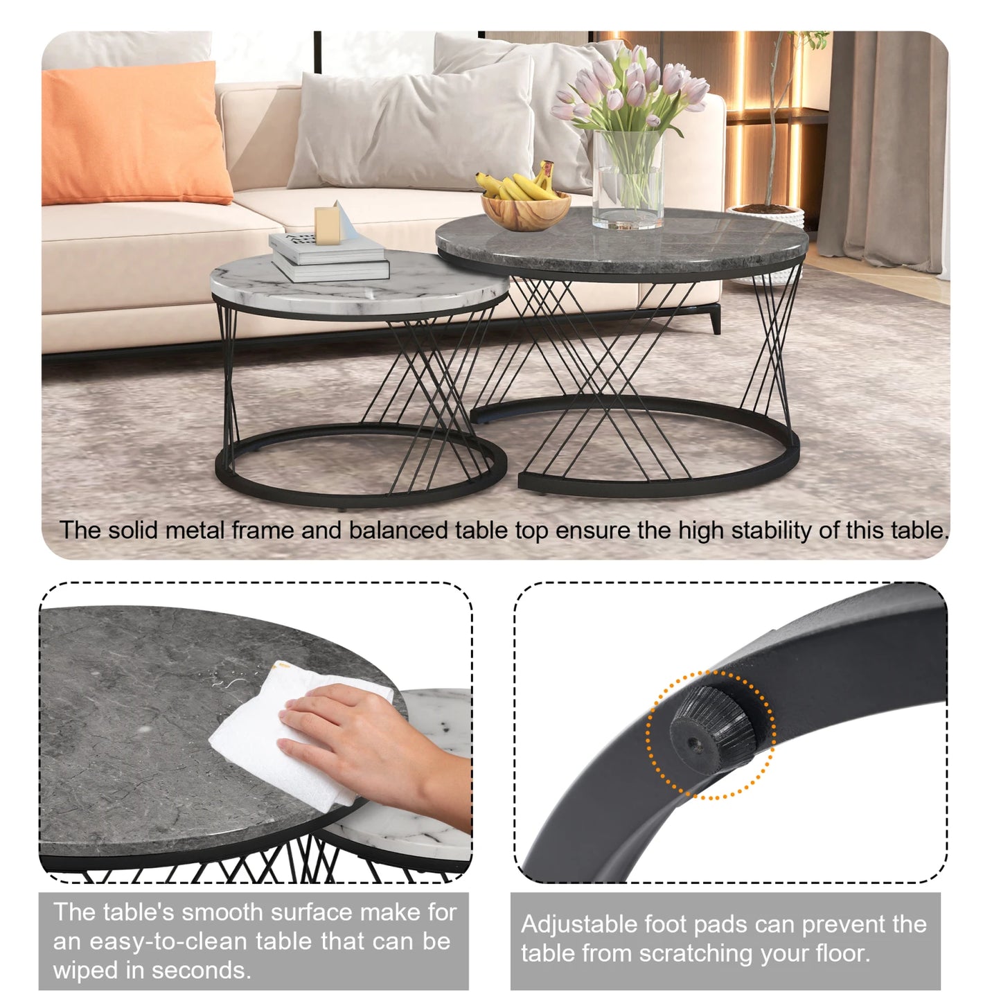 Nesting Round Coffee Table,2pcs Modern Tea Table,Marble Pattern Top With Metal Frame, Small Side Table,End Table For Living Room