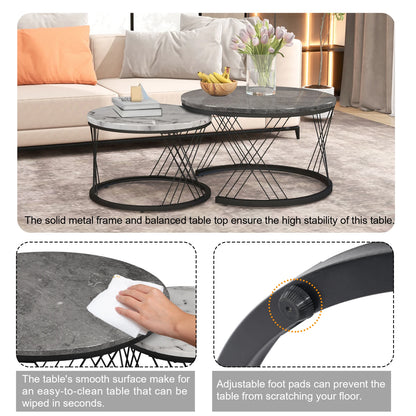 Nesting Round Coffee Table,2pcs Modern Tea Table,Marble Pattern Top With Metal Frame, Small Side Table,End Table For Living Room