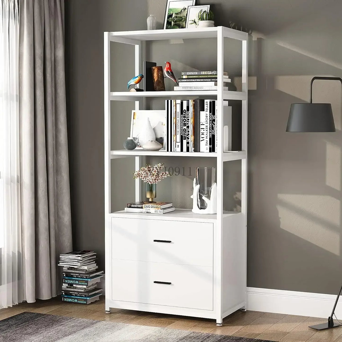 Bookcase 4-Tier White Bookshelf with 2 Drawers Etagere Standard Book Shelves Display Shelf for Home Office
