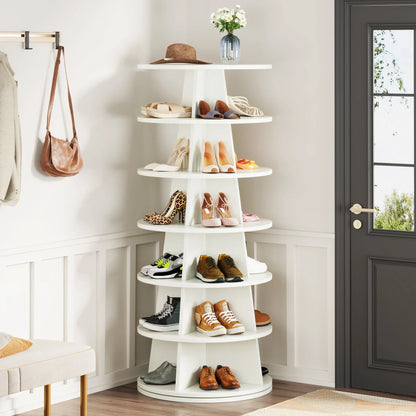 Rotating Shoe Rack, 7-Tier Revolving 24 Pairs Shoe Shelf Tower, Wood Space-Saving 360° Spinning Shoe Organizer
