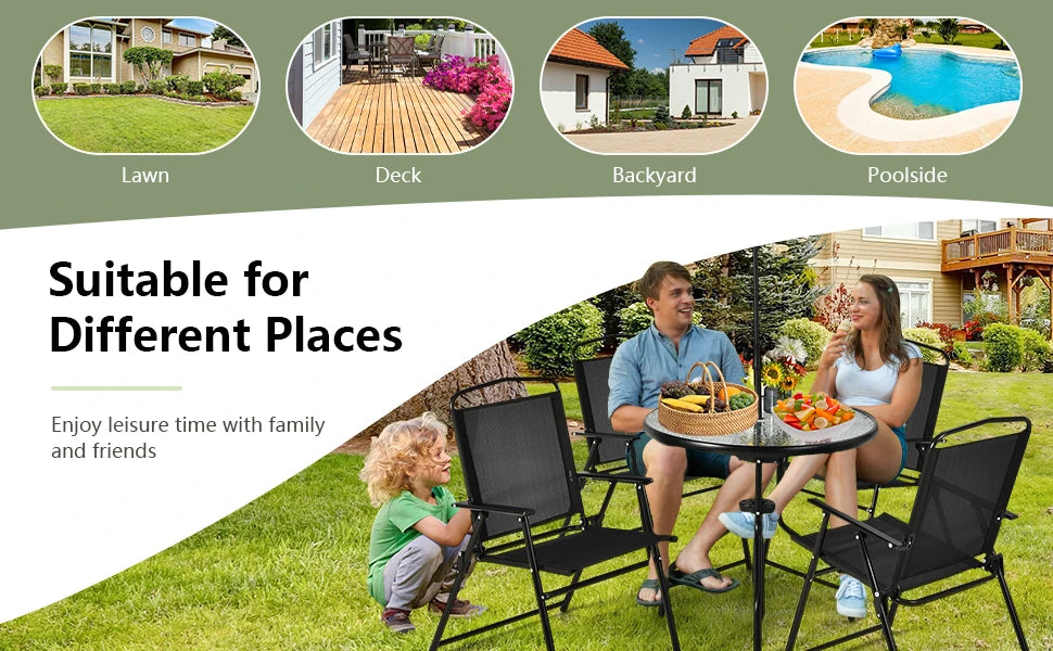 GOFLAME 6 Pieces Patio Table Set w/Adjustable Umbrella, 80 CM Round Table & 4 Folding Chairs Set