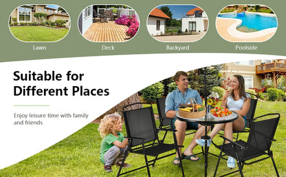 GOFLAME 6 Pieces Patio Table Set w/Adjustable Umbrella, 80 CM Round Table & 4 Folding Chairs Set