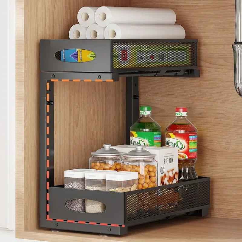 Under Sink Organizers and Storage, Adjustable 2 Tier Metal Pull out Cabinet Organizer for Bathroom, Kitchen, Pantry