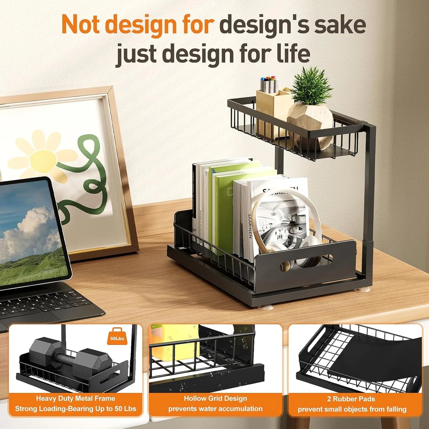 Under Sink Organizer Metal Pull Out Cabinet Organizer Spice Rack Kitchen Bathroom Organizers and Storage with Sliding Drawer