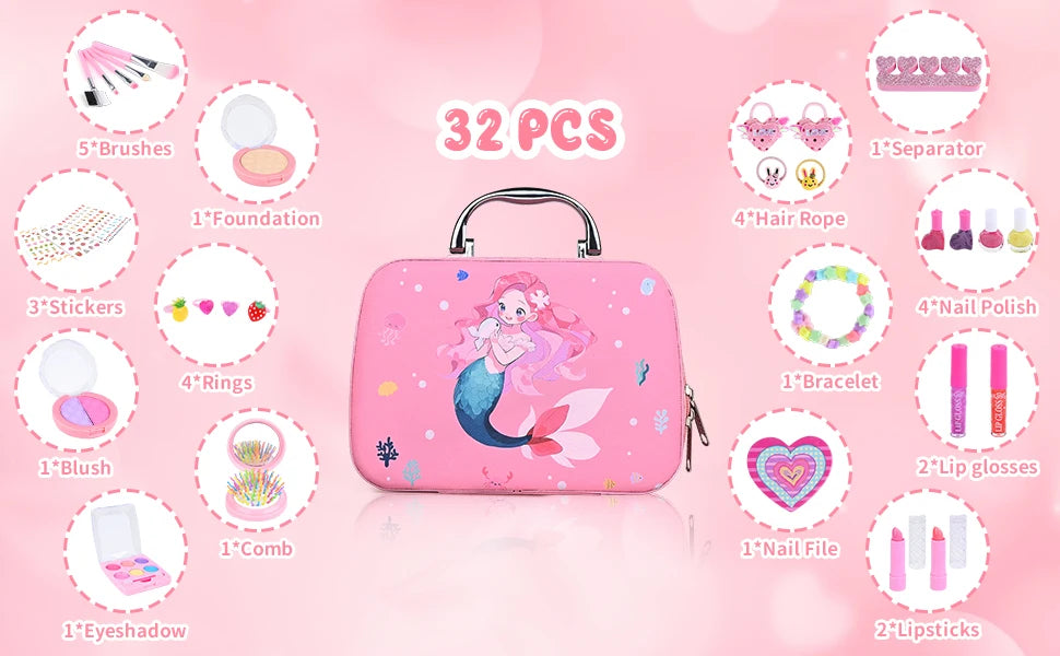 Kids Makeup Sets for Girls Washable Make up Starter Kit Princess Pretend Play Makeup Girls Toys with Cosmetic Bag Birthday Gift