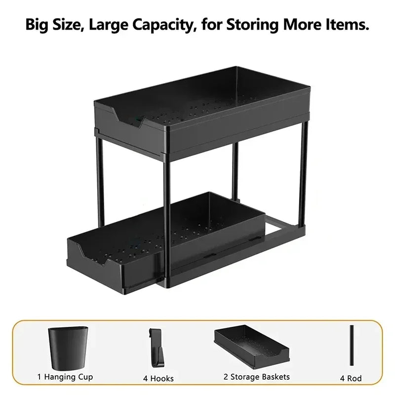 Under Sink Organizer Sliding Cabinet Drawers Storage Kitchen 2 Tiers Racks Multi-Purpose Pull Out Cabinet Storage Shelf Holders