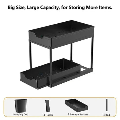 Under Sink Organizer Sliding Cabinet Drawers Storage Kitchen 2 Tiers Racks Multi-Purpose Pull Out Cabinet Storage Shelf Holders