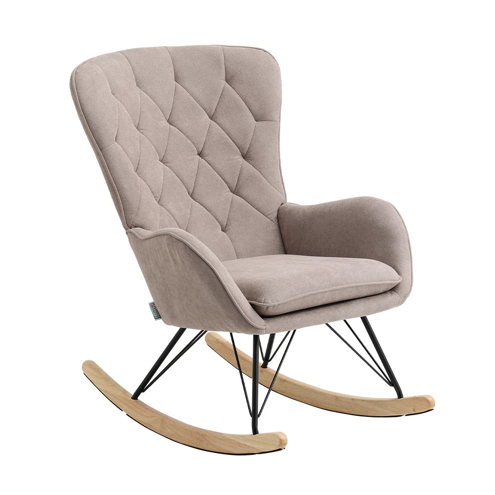 Grey Modern Upholstered Rocking Chair with Rubberwood Runner for Living Room Home Office