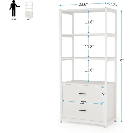Bookcase 4-Tier White Bookshelf with 2 Drawers Etagere Standard Book Shelves Display Shelf for Home Office