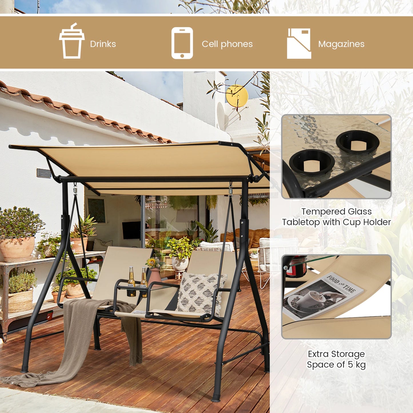 GOFLAME 2-seat Outdoor Patio Swing, Patio Loveseat Swing with Adjustable Canopy, Heavy-duty Steel Frame