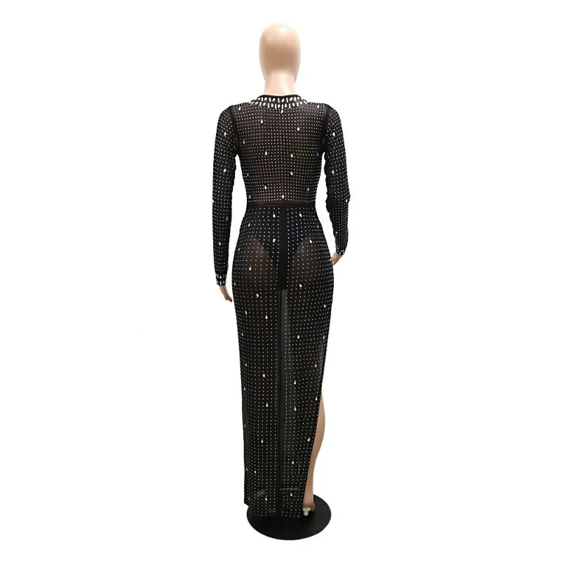 Diamonds Mesh High Split Long Sleeve Maxi Evening Party Dress