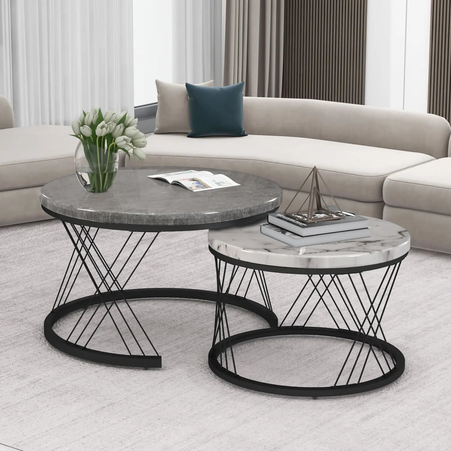 Nesting Round Coffee Table,2pcs Modern Tea Table,Marble Pattern Top With Metal Frame, Small Side Table,End Table For Living Room