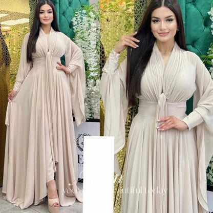 Aileen Modest Chiffon فساتين السهرة Green Prom Dresses Customized Muslim Trumpet Sleeve Vestidos De Noche Silk Chiffon Prom Gown