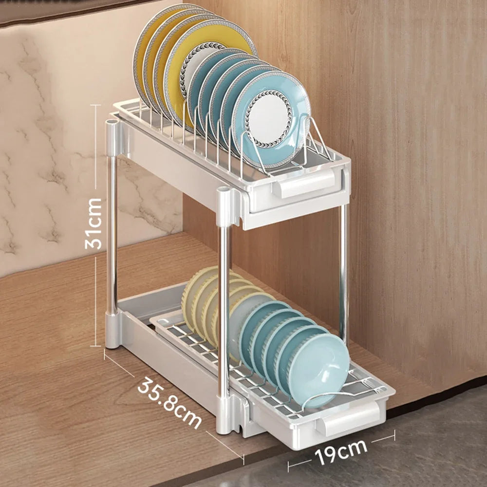Pull Out Dish Rack Drawer Kitchen Sliding Dish Drainer Organizer Multi-Level Pull Out Storage Sink Cabinet