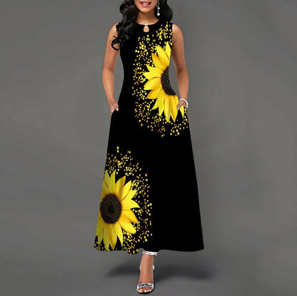 Flower Print New Casual Sleeveless Long Dress