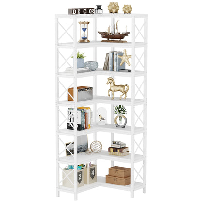 7-Shelf Corner Bookshelf,Large Modern Corner Bookcase, 7-Tier Tall Corner Shelf Storage Display Rack with Metal Frame
