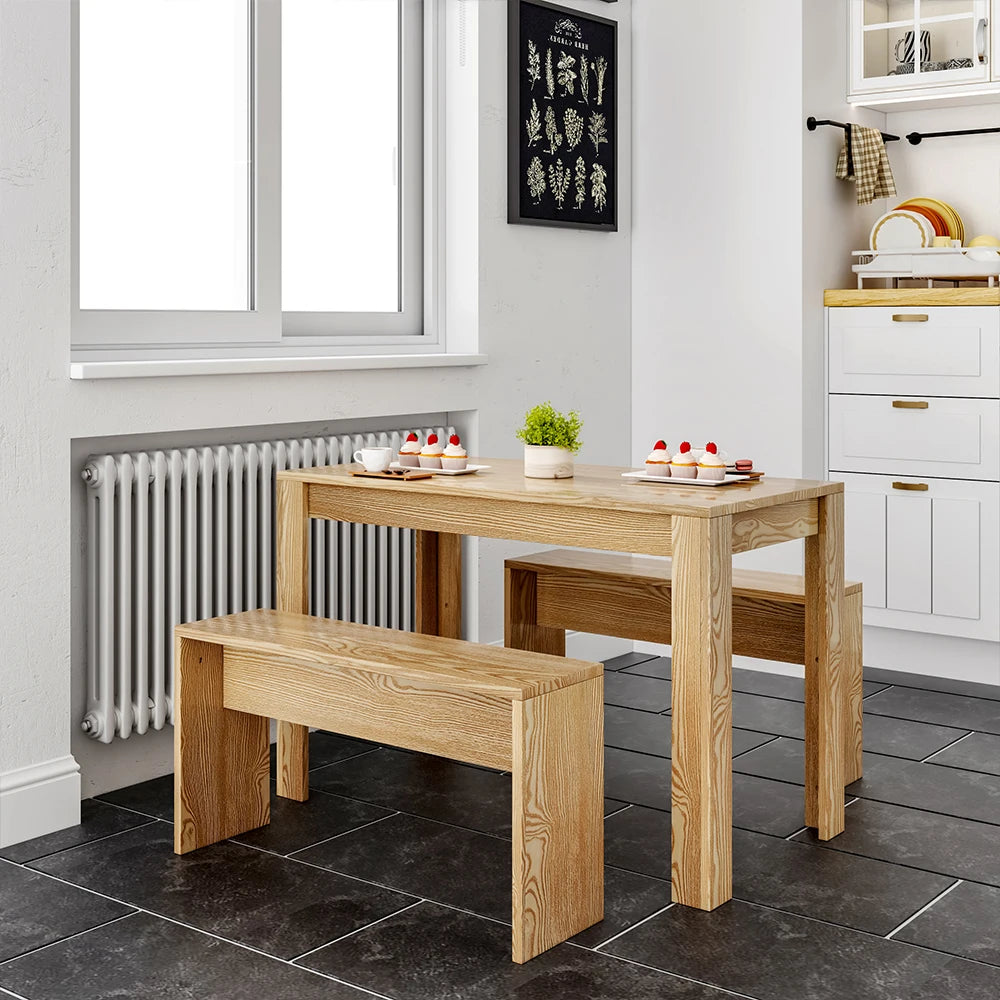 Set of 3 Modern Dining Room Table and Benches for Living Room Garden Kitchen Bedroom