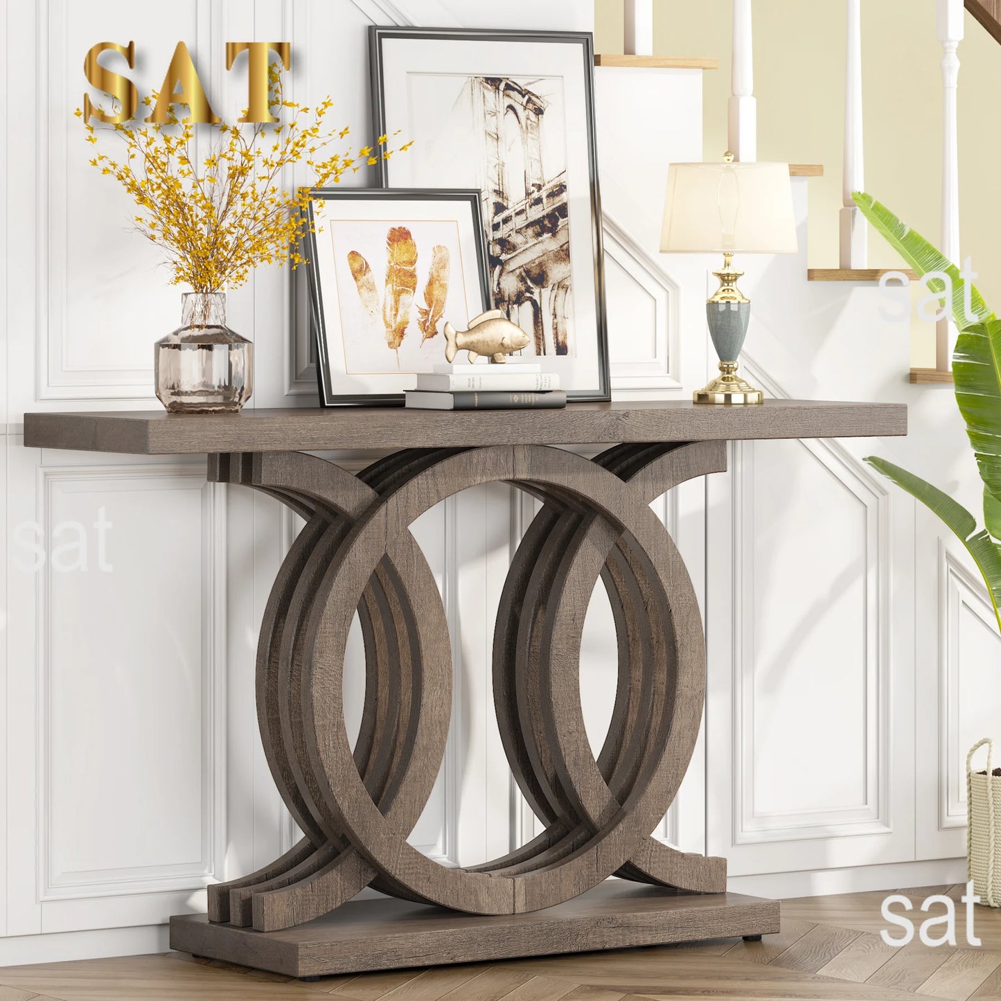 Entrance furniture modern antique rustic brown retro wood farmhouse entry hallway table console 140cm with Geometric Base