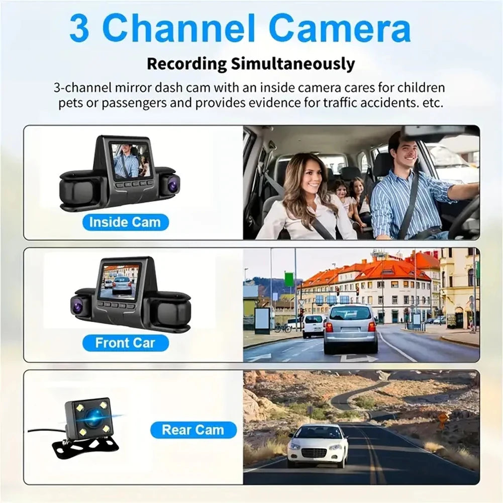 3 Lens Car DVR Dash Cam HD 1080P Dash Camera G-Sensor Auto Video Recorder 24H Parking Monitoring Dashcam Car Front Rear Camera