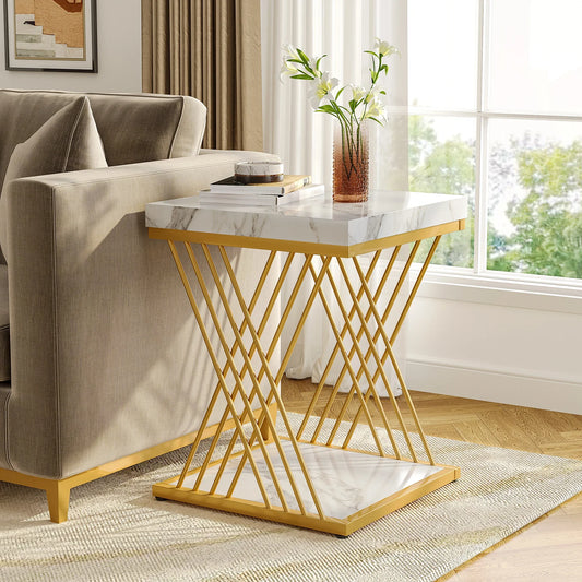 Square Side Table White Gold Side  Set of 2, 2-Tier End Table Modern Bedside Table Small Side