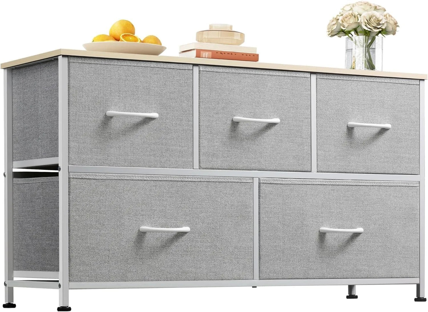 Chest of Drawers,5 Fabric Drawers Cabinet with Easy Pull Handle,Wood Top and Sturdy Steel Frame for Bedroom,Living Room