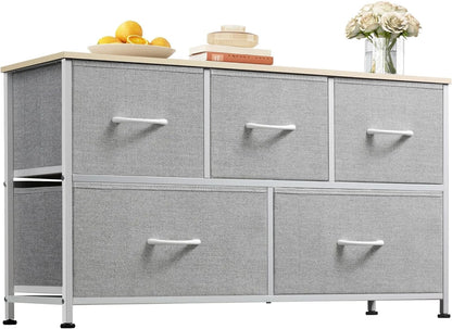 Chest of Drawers,5 Fabric Drawers Cabinet with Easy Pull Handle,Wood Top and Sturdy Steel Frame for Bedroom,Living Room