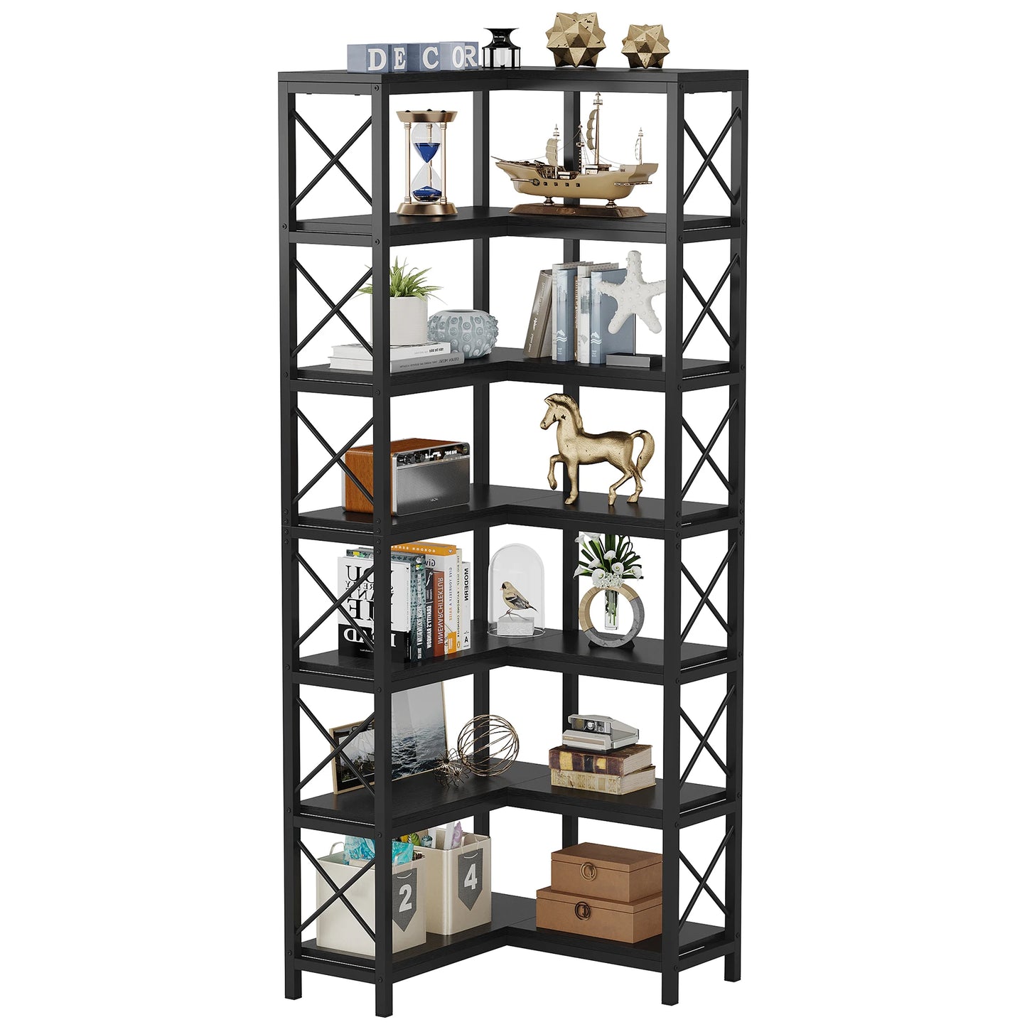 7-Shelf Corner Bookshelf,Large Modern Corner Bookcase, 7-Tier Tall Corner Shelf Storage Display Rack with Metal Frame