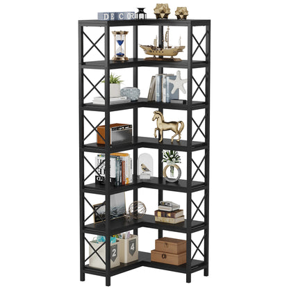 7-Shelf Corner Bookshelf,Large Modern Corner Bookcase, 7-Tier Tall Corner Shelf Storage Display Rack with Metal Frame