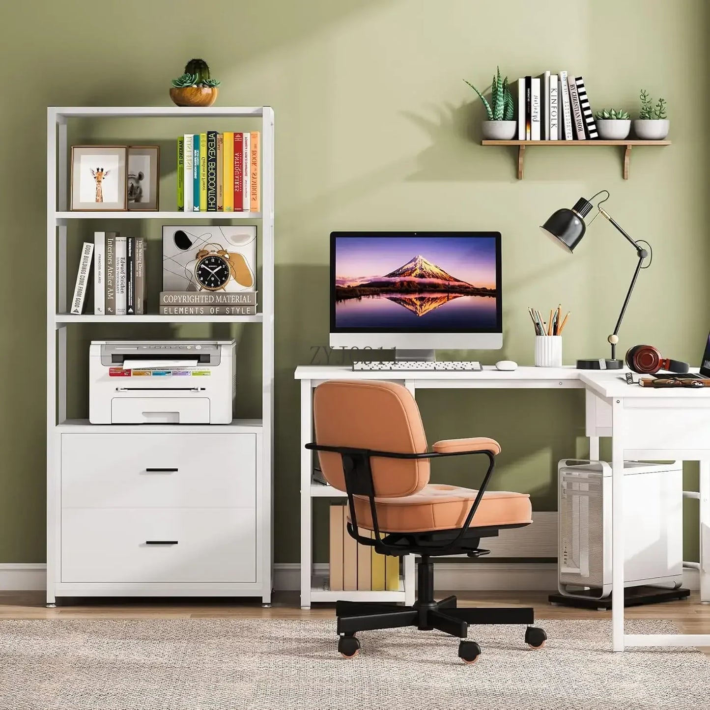 Bookcase 4-Tier White Bookshelf with 2 Drawers Etagere Standard Book Shelves Display Shelf for Home Office