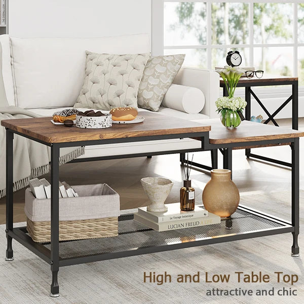 2-Tier Rustic Coffee Table Center Table with Mesh Shelf Rectangle Storage Cocktail Table Metal Frame for Living Room