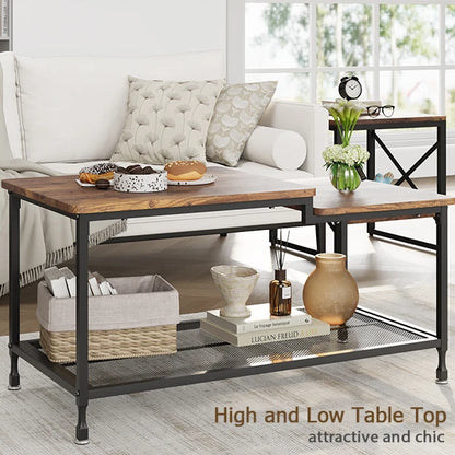 2-Tier Rustic Coffee Table Center Table with Mesh Shelf Rectangle Storage Cocktail Table Metal Frame for Living Room