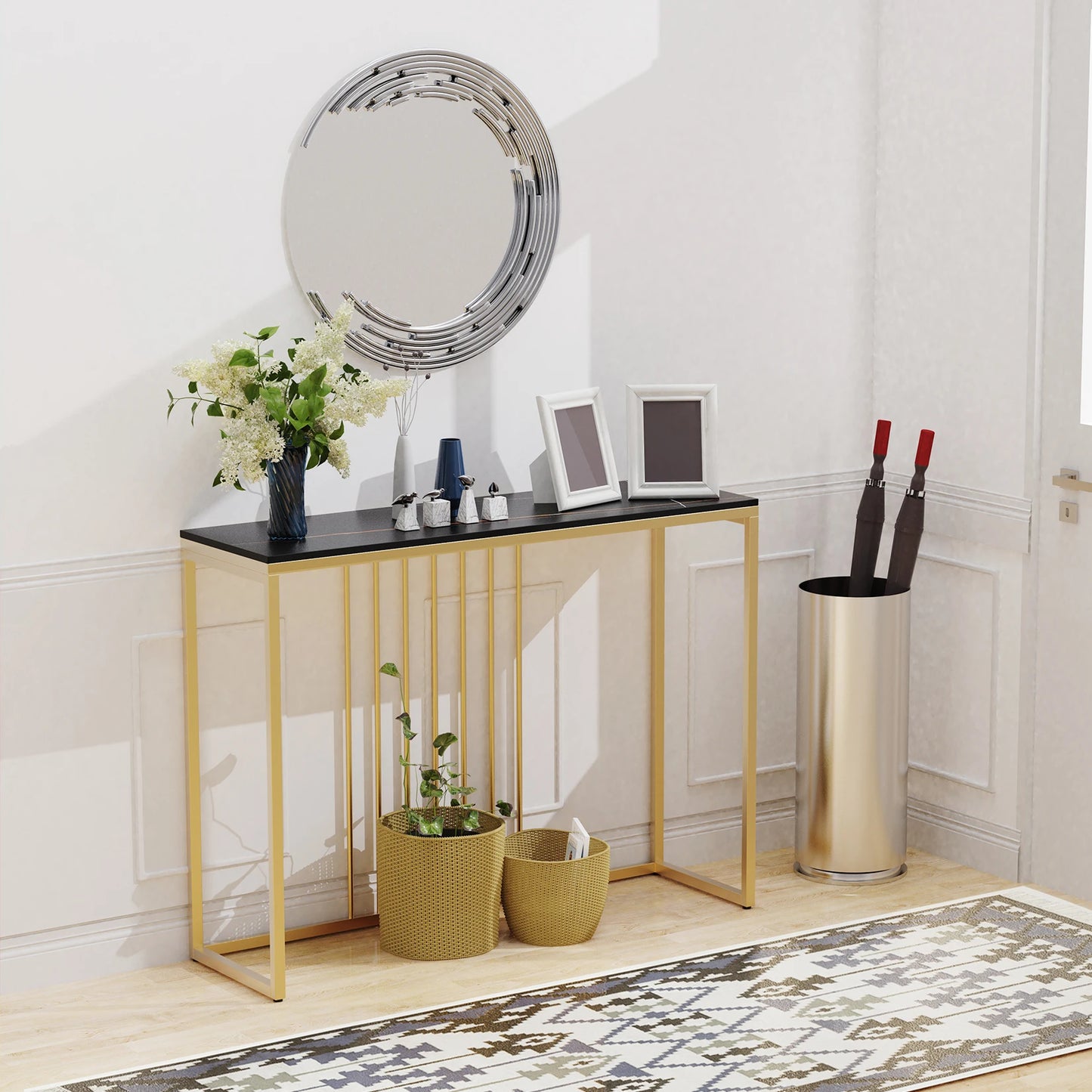 Modern Accent Console Marble Table Gold Metal Frame Storage Display Shelf Narrow Table for Hallway Entryway Living Room Entrance