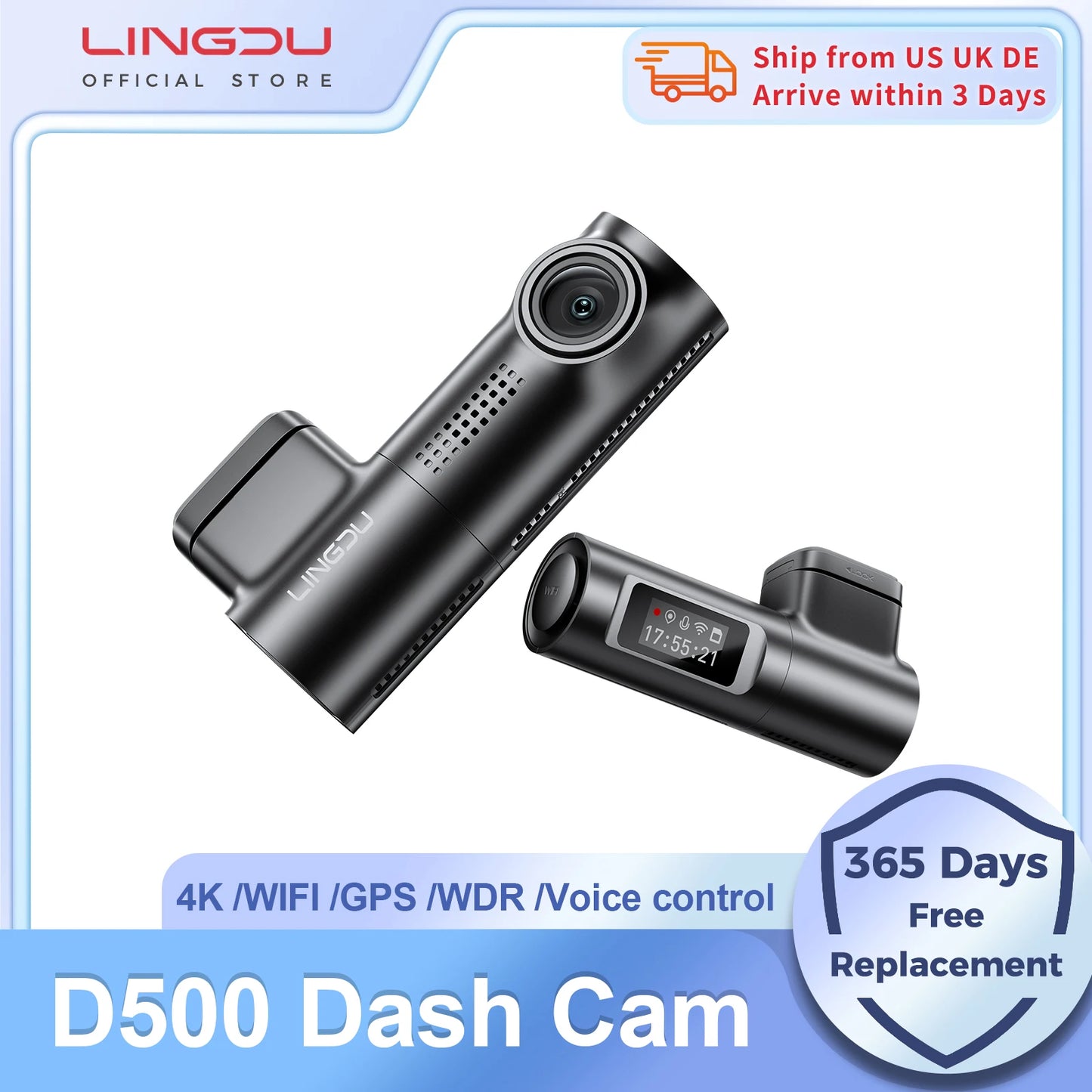LINGDU D500 Dash Cam Ultra HD 4K Built-in 5GHz WI-FI GPS English Voice Control Dash Car Camera 24H Loop Recording D500 Car DVR