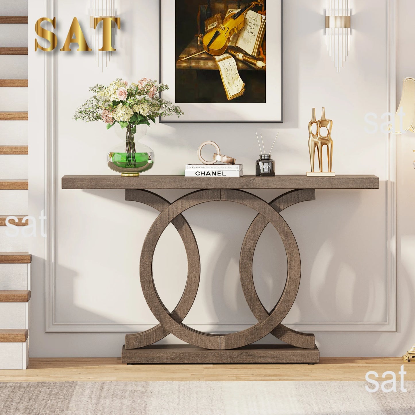 Entrance furniture modern antique rustic brown retro wood farmhouse entry hallway table console 140cm with Geometric Base