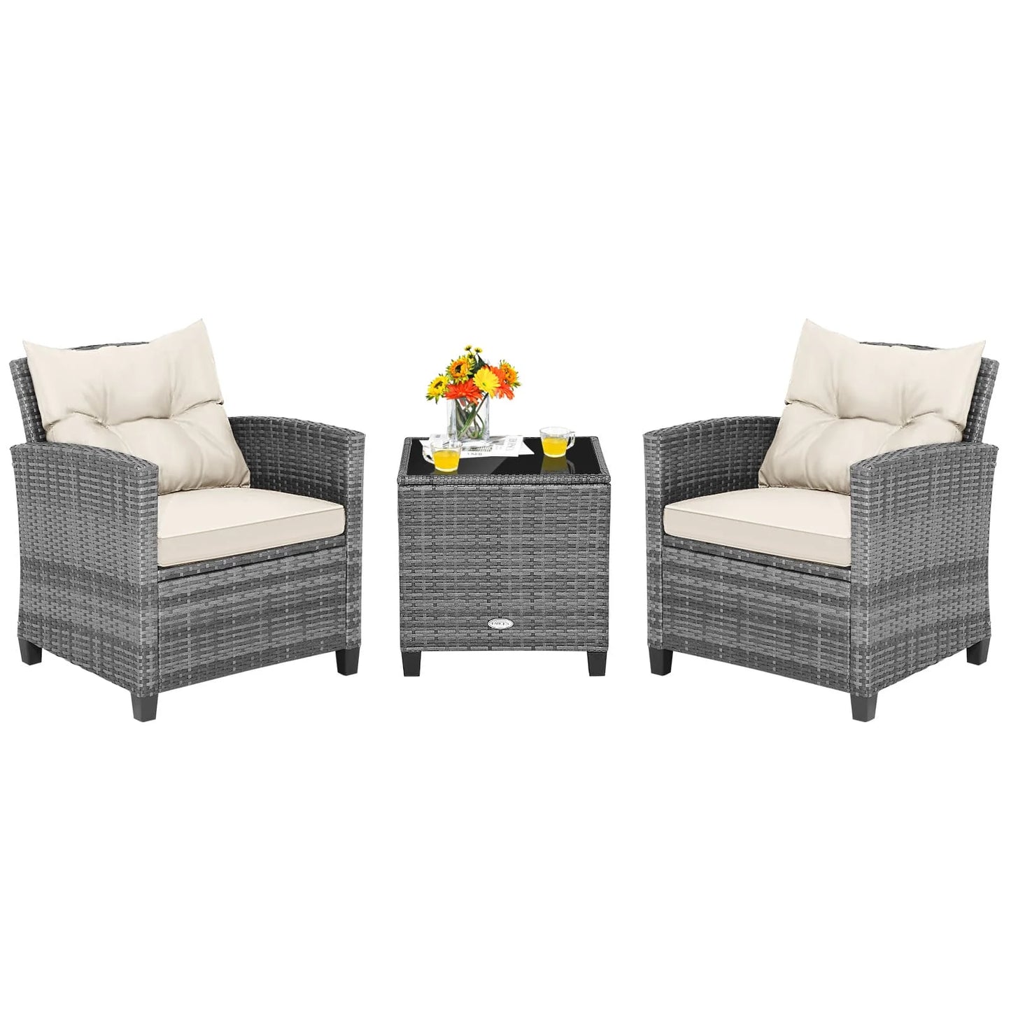 GOFLAME 3 Piece Patio Rattan Sofa Set Outdoor Wicker Conversation Set-White