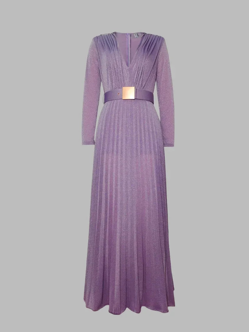 Tinaa Women Evening Dresses Belted Pleated Solid Color Split-side Long Sleeves Wrap V-neck Maxi Dresses for Ladies Party Dress