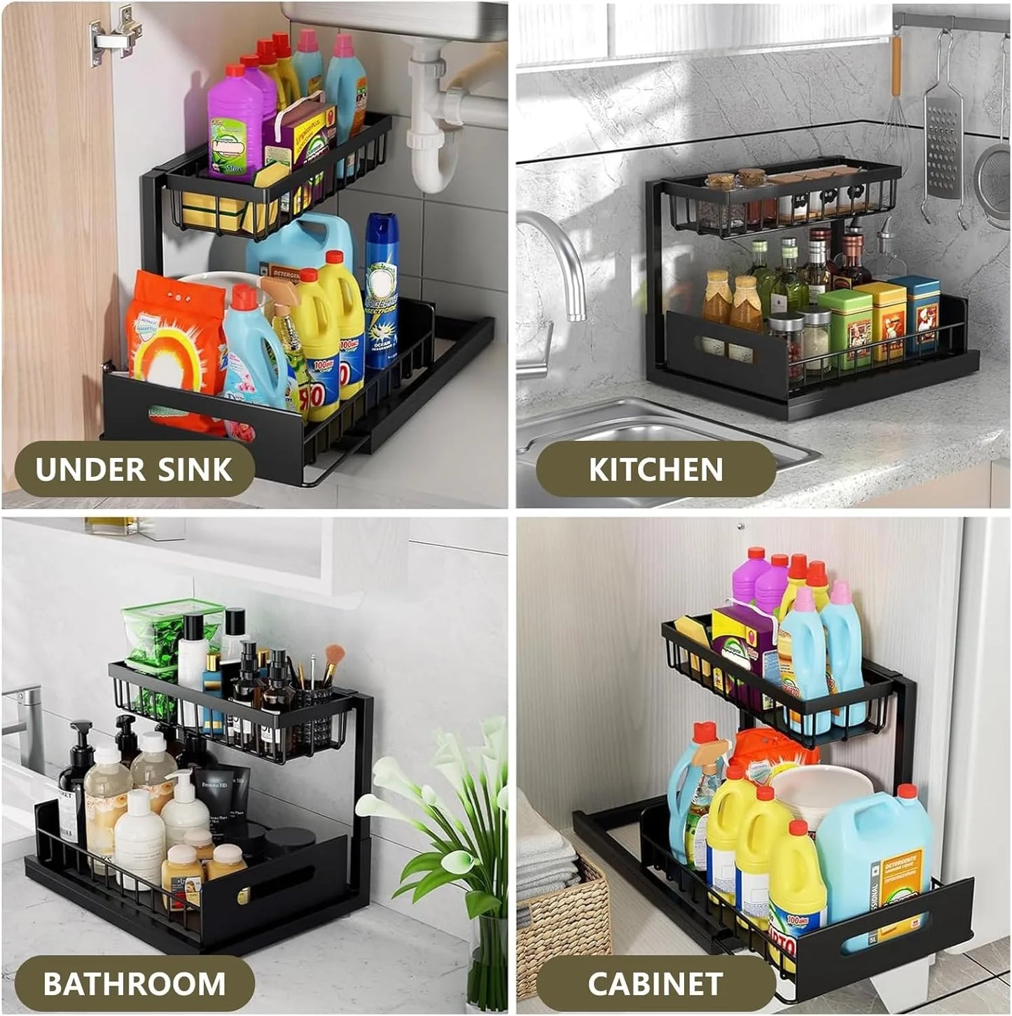Under Sink Organizer Metal Pull Out Cabinet Organizer Spice Rack Kitchen Bathroom Organizers and Storage with Sliding Drawer