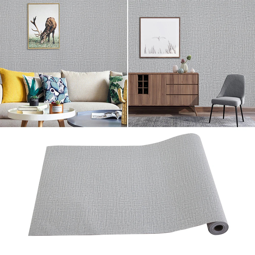 Grey Linen Textured PVC Self-adhesive Wallpaper, Waterproof and Moisture-resistant, 1000cm L x 45cm W
