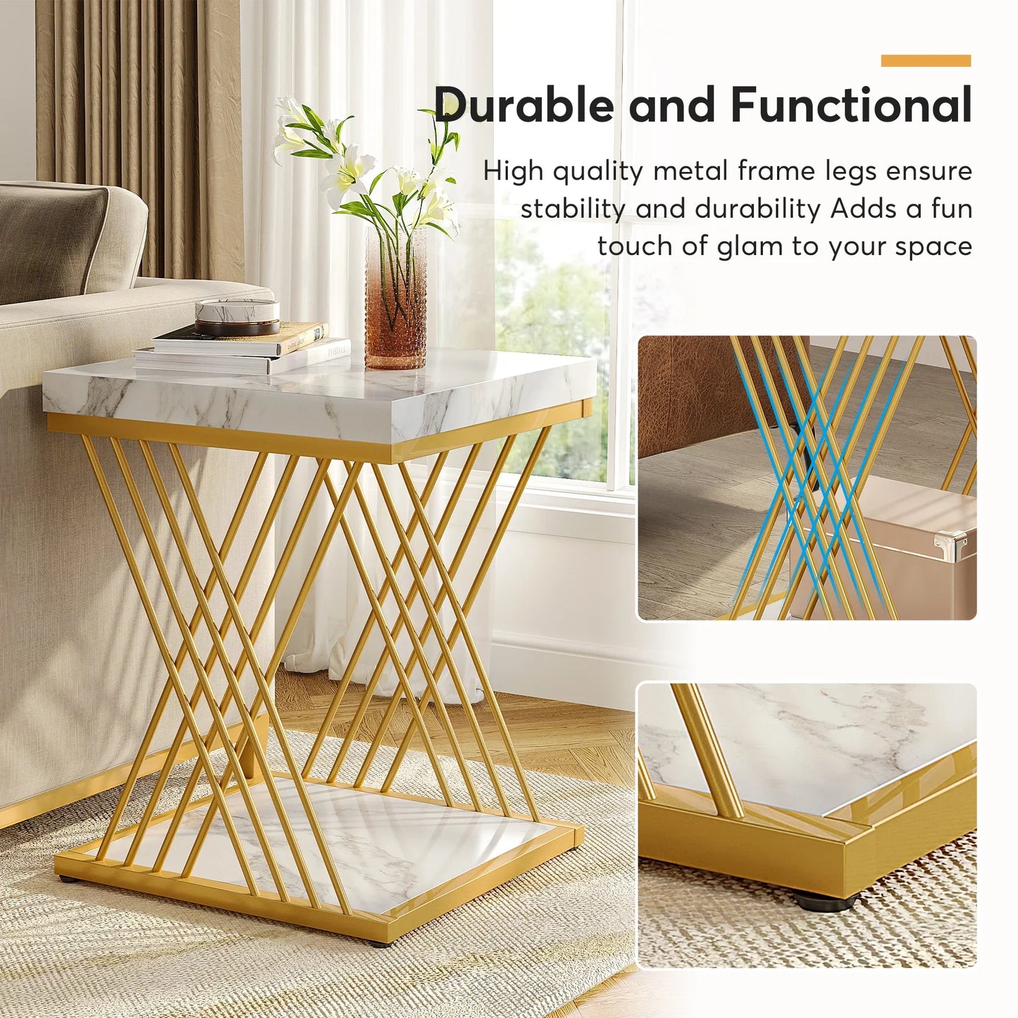 Square Side Table White Gold Side  Set of 2, 2-Tier End Table Modern Bedside Table Small Side
