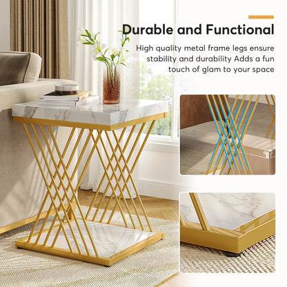 Square Side Table White Gold Side  Set of 2, 2-Tier End Table Modern Bedside Table Small Side
