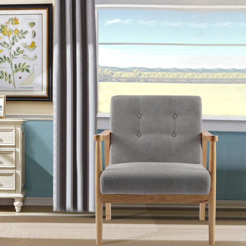 Accent Linen Fabric Buttoned Armchair Wooden Frame