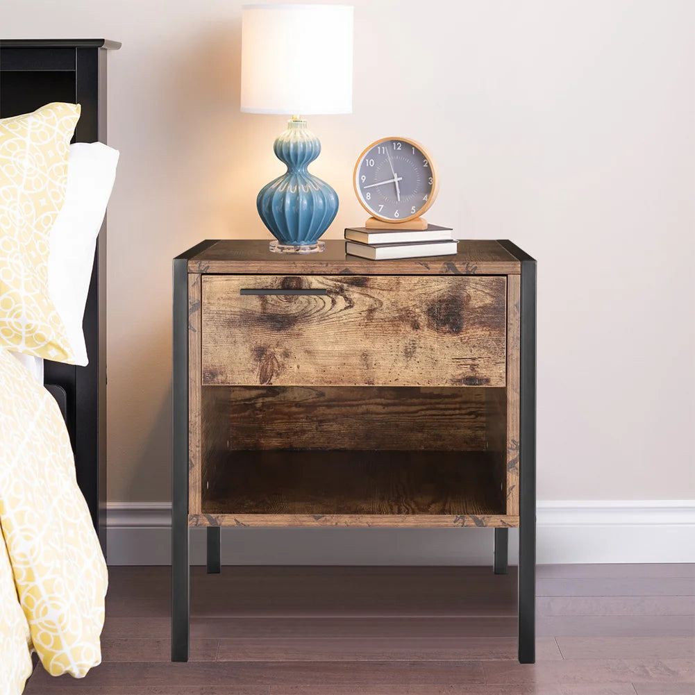 Retro Style Bedside Table with Drawer Open Front Storage Compartment