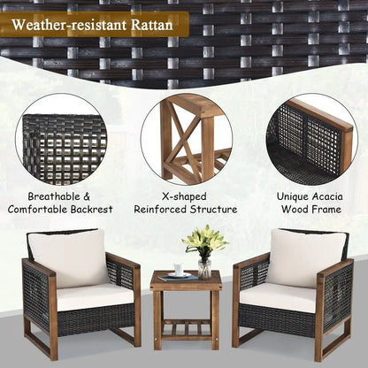 GOFLAME 3 PCS Patio Furniture Set, Outdoor Conversation Set with Acacia Wood Coffee Table & 2 PE Rattan Chairs