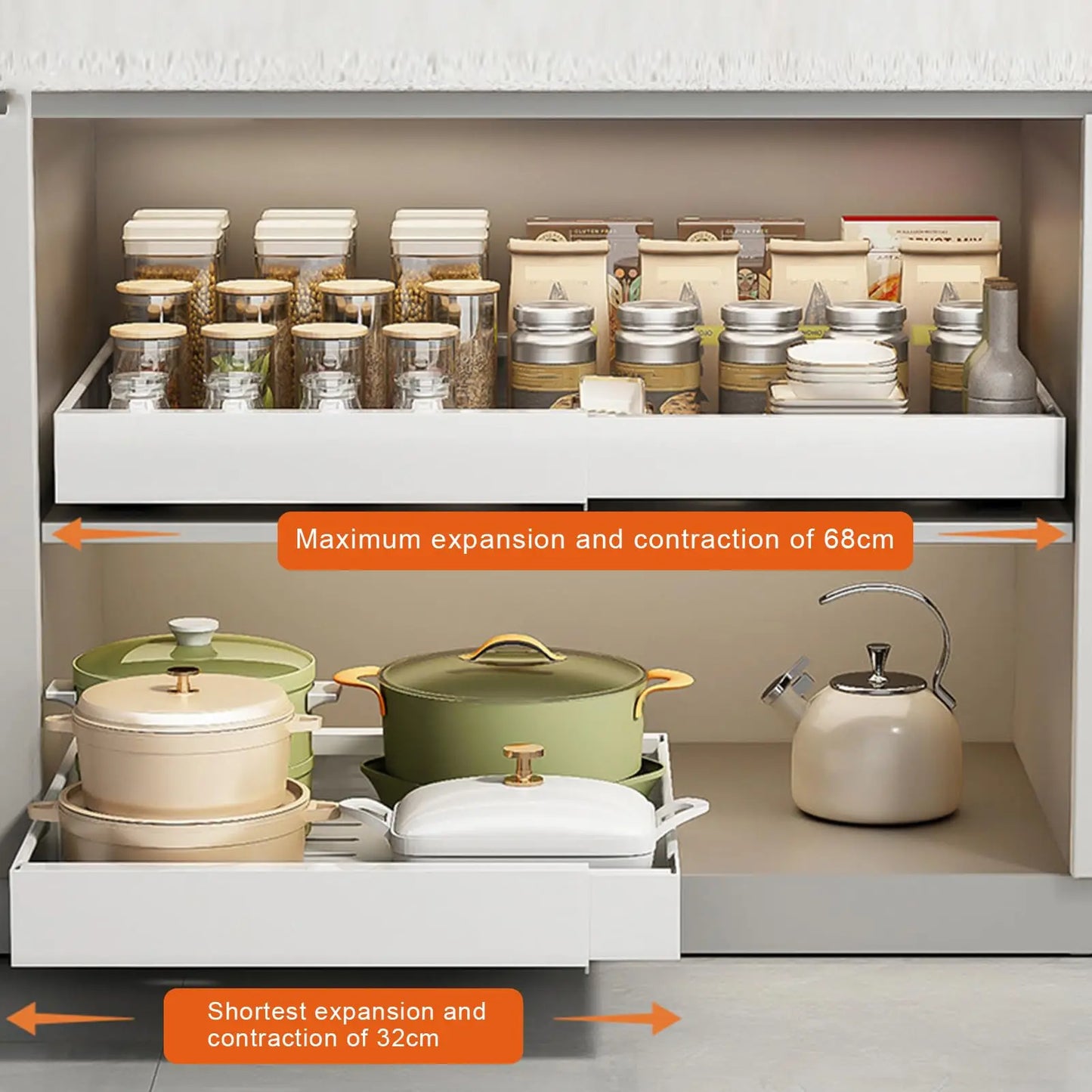 Expandable Pull Out Cabinet Organizer Metal Stick Slide Out  Drawers Storage Kitchen Adjustable Sliding Roll Out Cabinet Shelves