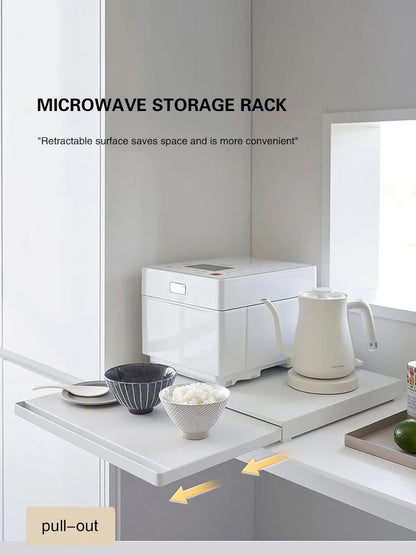 Microwave Storage Rack Bottom Retractable Bracket Drawer Oven Push Pull Divider Kitchen Cook Tray Table Plate Pot Holder