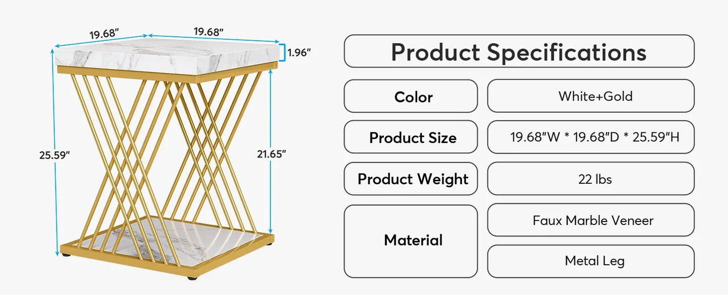 Square Side Table White Gold Side  Set of 2, 2-Tier End Table Modern Bedside Table Small Side