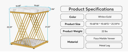 Square Side Table White Gold Side  Set of 2, 2-Tier End Table Modern Bedside Table Small Side